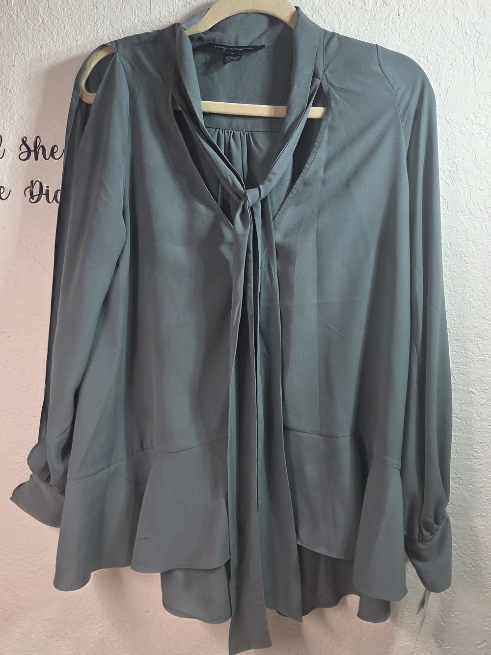 NWT French Connection Slate Blue Cold Shoulder Tie Neck Balloon Sleeve Blouse M